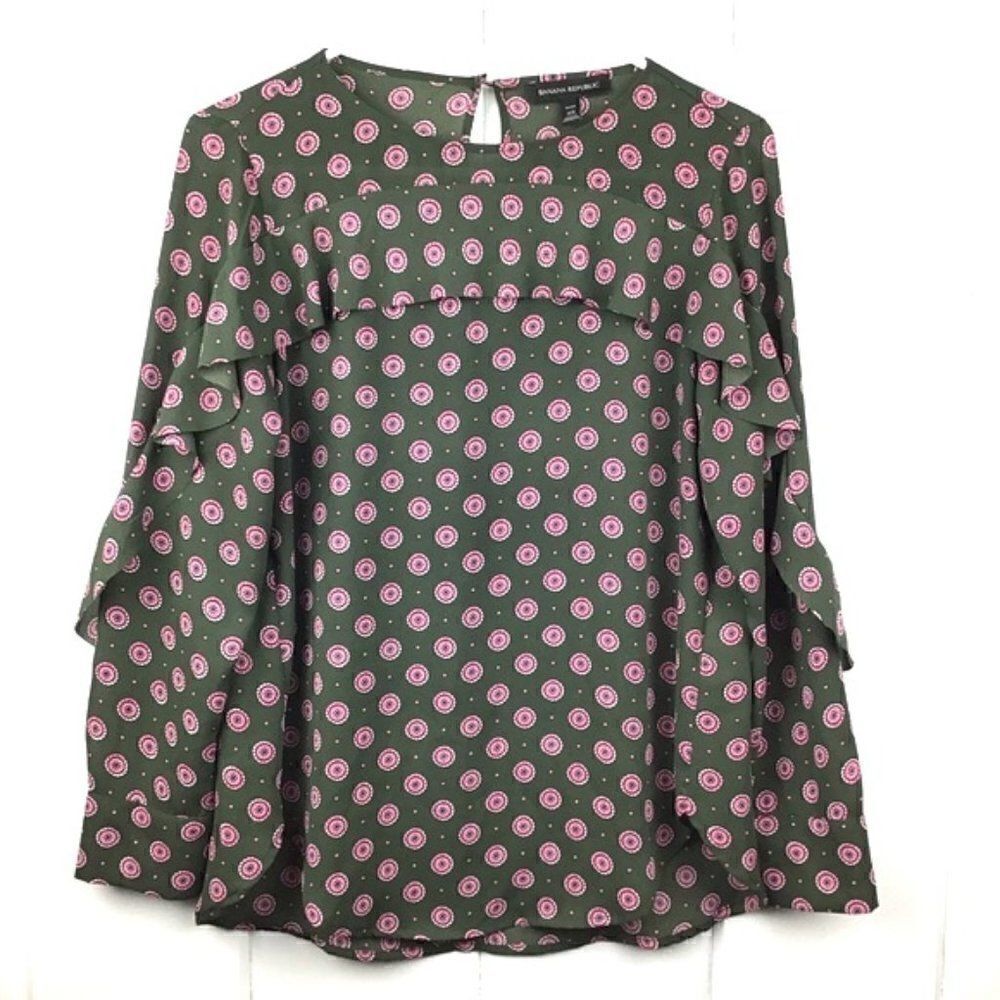 Banana Republic Ruffles Blouse Navy Green Polka Dots, Size XS